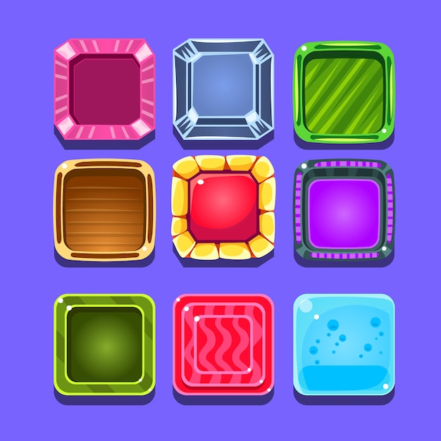 Gemme colorate Flash Game Element Template Design Set con Candy quadrato per tre in fila Tipo di video