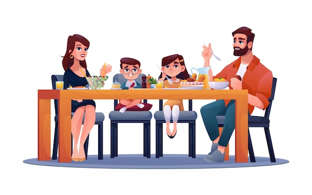 Genitori con bambini a tavola, madre, padre e figli si godono la cena insieme vettore famiglia felice