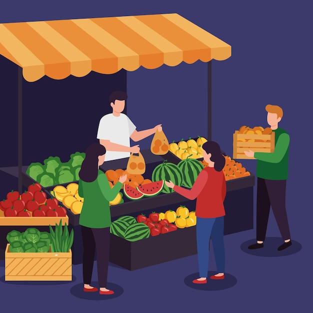 Gente che compra prodotti freschi in una bancarella del mercato locale