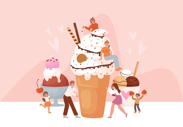 Gente con il gelato dolce dessert freddo rosa e cioccolato nel cono di waffle Giovani adulti adolescenti e bambini che si godono gustosi gelati scena vettoriale accogliente