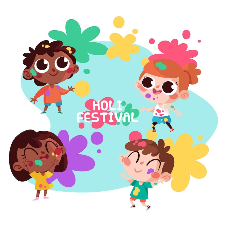 Vettore gente del fumetto che celebra il festival di holi