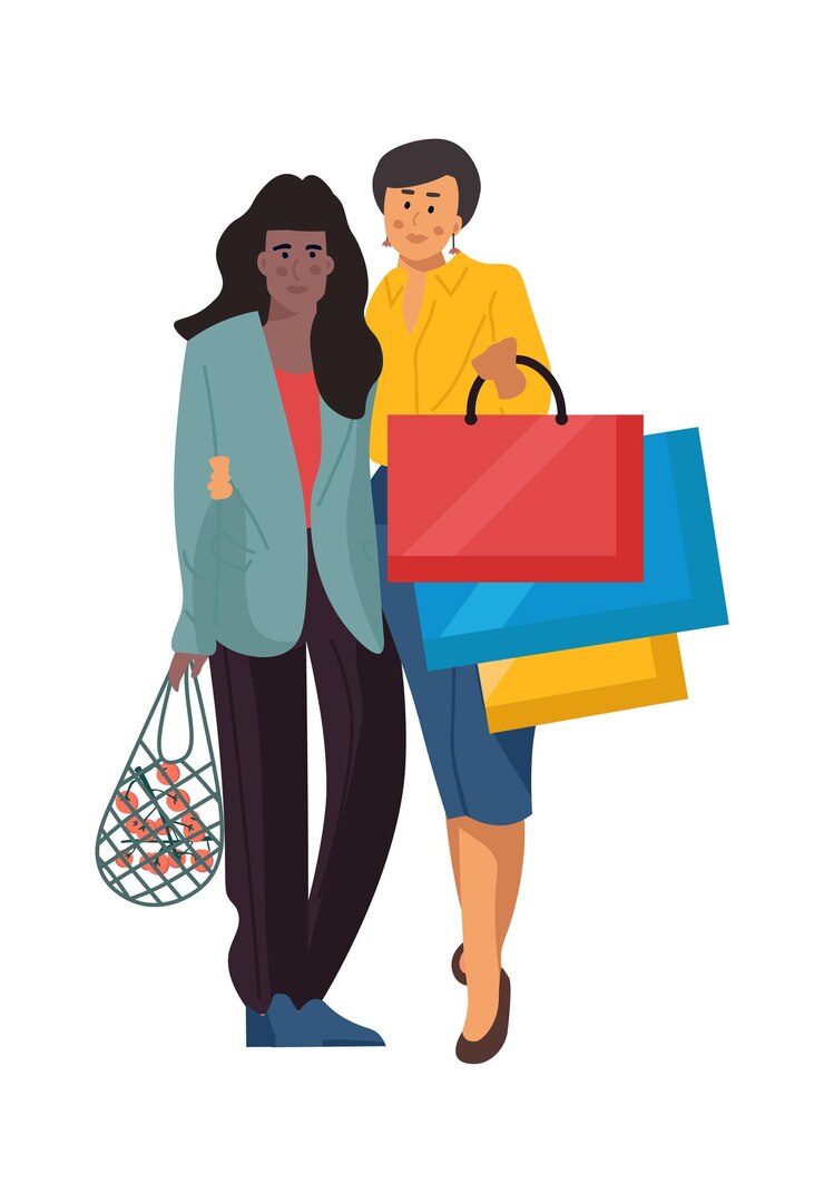 Vettore gente dello shopping donne dei cartoni animati nei negozi al dettaglio le femmine portano borse per gli acquisti i personaggi comprano vestiti e prodotti alimentari in negozio gli amici si incontrano all'aperto le persone vettoriali stanno in piedi e si abbracciano