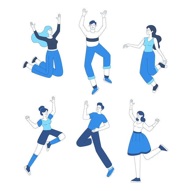 Gente felice che salta insieme. Amici allegri in abiti casual che ballano contorni di personaggi. Uomini e donne che esprimono emozioni positive, pacchetto di elementi di design di stile di vita spensierato