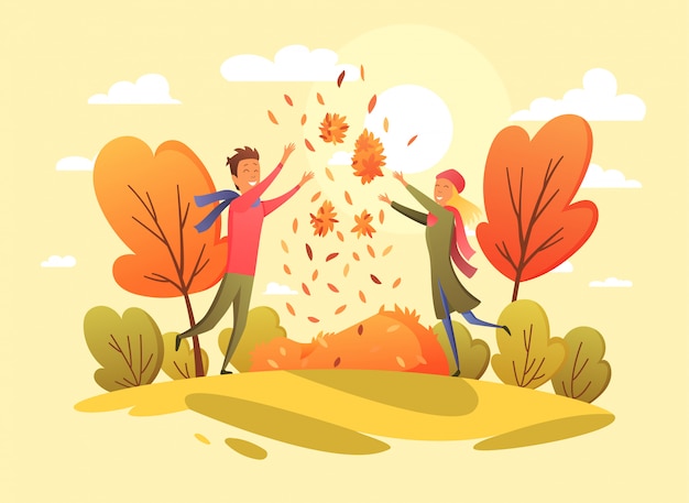 Gente felice in un parco in autunno. Colori di tendenza. illustrazione in stile cartone animato piatto.