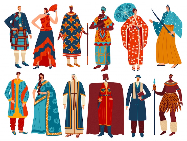 Vettore gente multiculturale in costumi nazionali tradizionali, personaggi dei cartoni animati, illustrazione