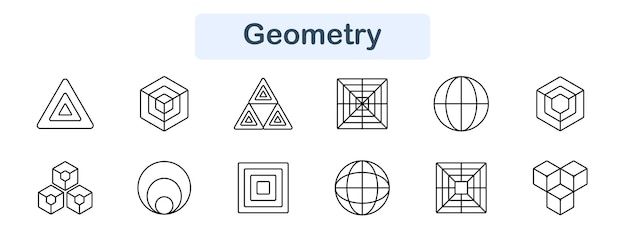 Geometria set icona triangolo cubo esagono piramide sfera griglia progettazione forma modello struttura geometria 3D matematica figura astratta poligono forma simbolo elemento linea