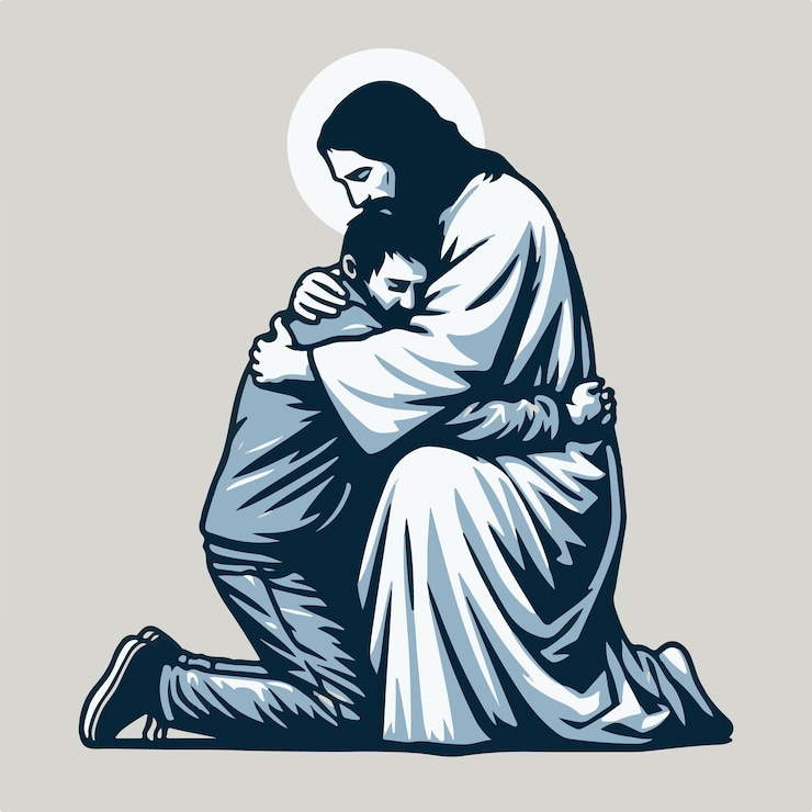 Vettore gesù cristo abbraccia i bisognosi