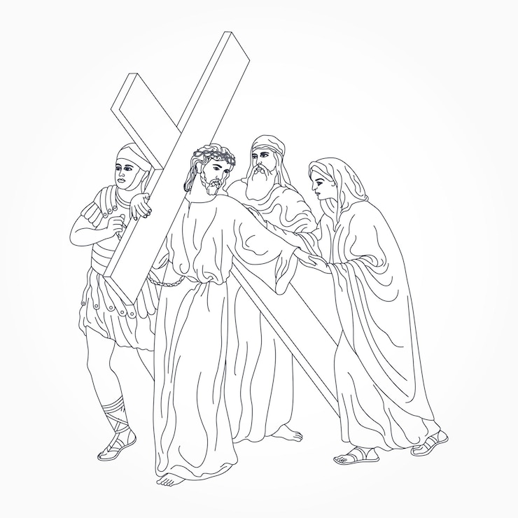 Vettore gesù cristo signore dei gradini che porta la croce