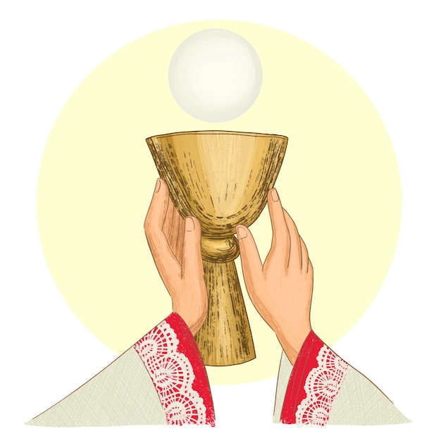 Gesù Eucaristia illustrazione cattolica Prima Santa Comunione calice sacro