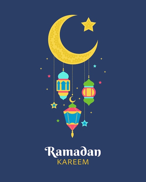 Ghirlanda araba Ramadan Kareem lanterne appese con luna e stelle illustrazione islamica