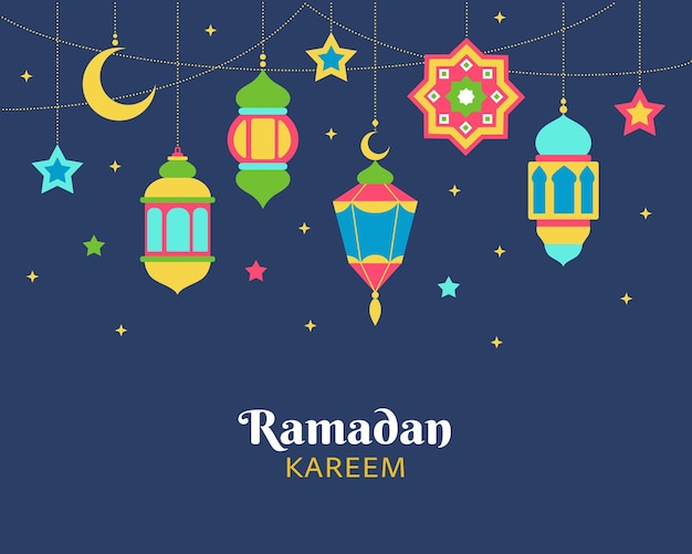 Ghirlanda araba Ramadan Kareem lanterne appese e luna illustrazione islamica
