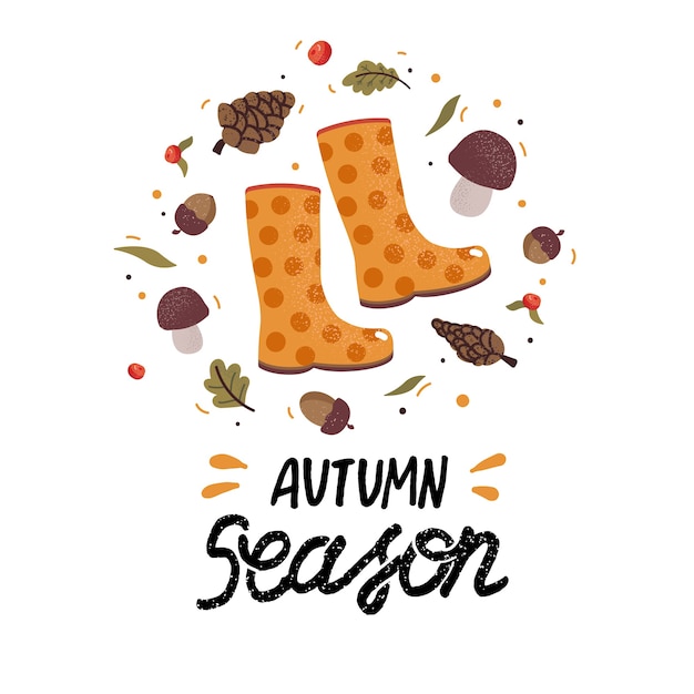 ghirlanda autunnale con stivali di gomma, foglie che cadono, ghiande, bacche, funghi e scritte. Raccolta di album di elementi della stagione autunnale. Biglietto di auguri d'autunno