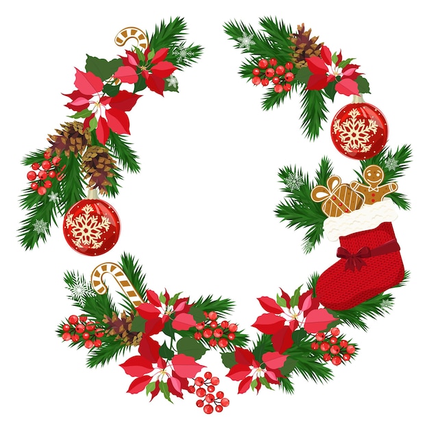 Ghirlanda decorata di Natale con palle di Natale calza di Natale e pan di zenzero di Natale