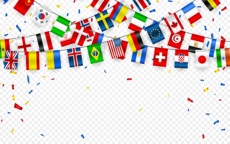 Vettore ghirlanda di bandiere colorate di diversi paesi dell'europa e del mondo con coriandoli. ghirlande festive del gagliardetto internazionale. ghirlande di stamina. banner per festa, conferenza.