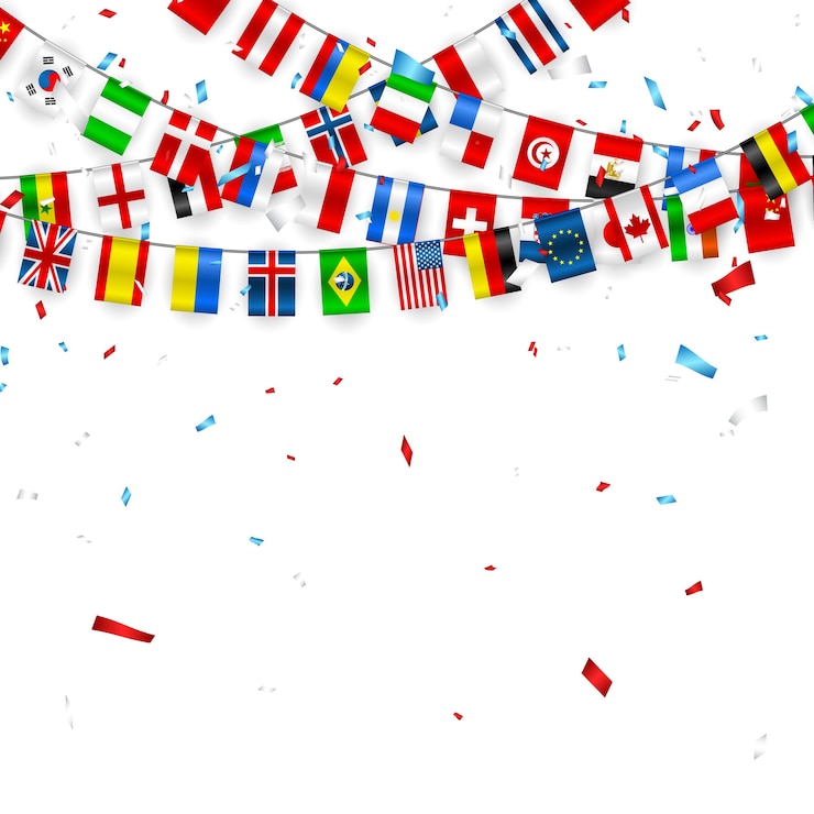 Vettore ghirlanda di bandiere colorate di diversi paesi dell'europa e del mondo con coriandoli.
