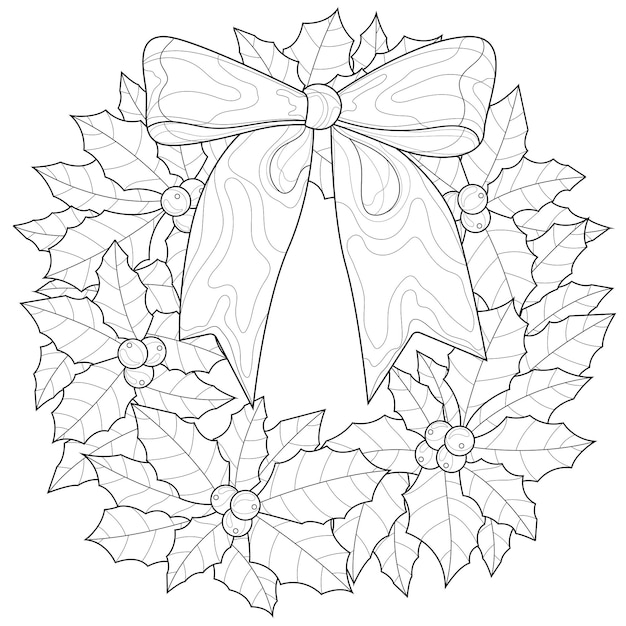 Ghirlanda di Natale con fiocco. Bacche di agrifoglio. Libro da colorare antistress per bambini e adulti. Stile Zen-groviglio. Disegno in bianco e nero