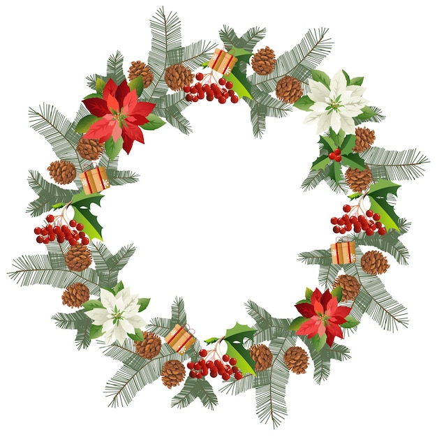 Ghirlanda invernale. Buon Natale e Felice Anno Nuovo, sfondo bianco. Pino verde, rami di abete