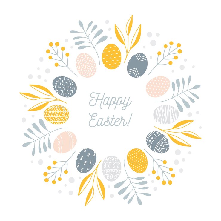 Ghirlanda rotonda di Pasqua con uova e rami e foglie floreali folk nordico scandinavo minimalista