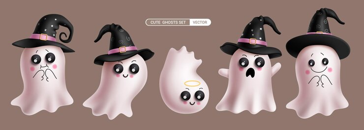 Vettore ghost personaggi set vector design halloween carino personaggio fantasma che indossa cappello di stregone collezione