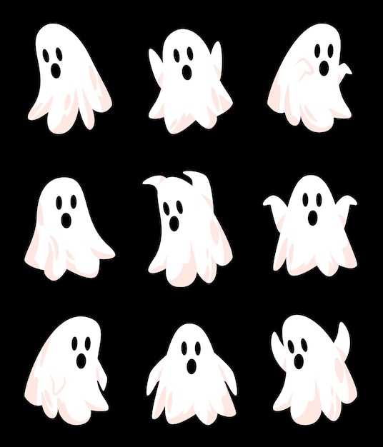 Ghost white fly vector set collection halloween sullo sfondo nero