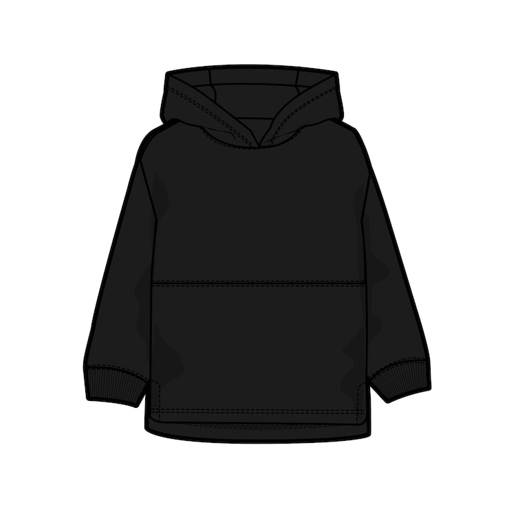 Vettore giacca con cappuccino a maniche lunghe disegno tecnico moda schizzo piatto vettore modello di colore nero