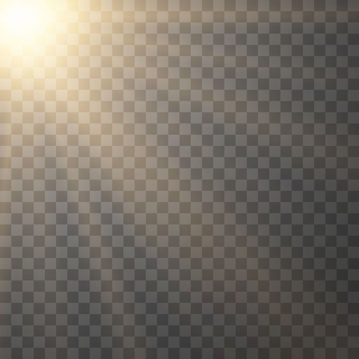 Vettore giallo luce incandescente scoppiò esplosione su sfondo trasparente. decorazione di effetto della luce dell'illustrazione di vettore con il raggio. stella luminosa. sole splendente traslucido, bagliore luminoso. flash centrale vibrante