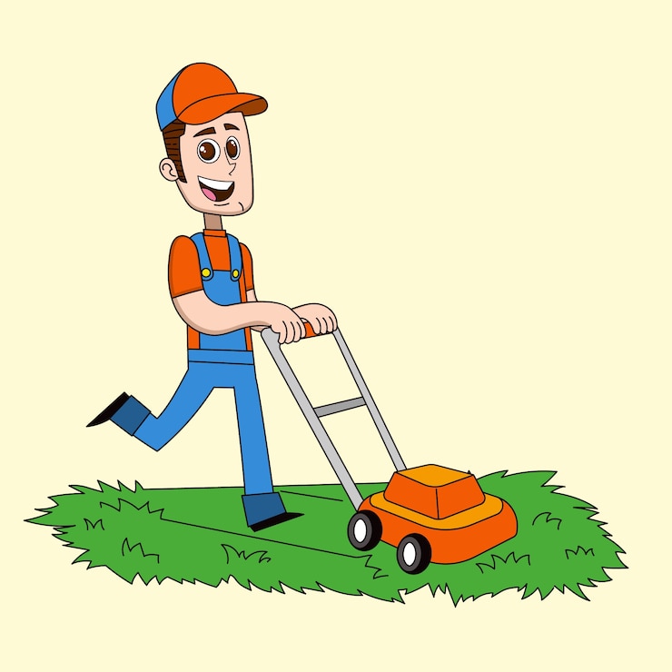 Vettore giardiniere disegnato a mano usando l'illustrazione del fumetto della falciatrice da giardino