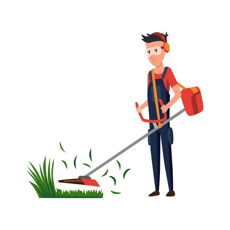 Vettore giardiniere professionista che lavora sul cortile e falcia il prato con tosaerba elettrico. tuttofare maschio che taglia erba in giardino. piatto colorato fumetto illustrazione vettoriale di lavoratore professionista.