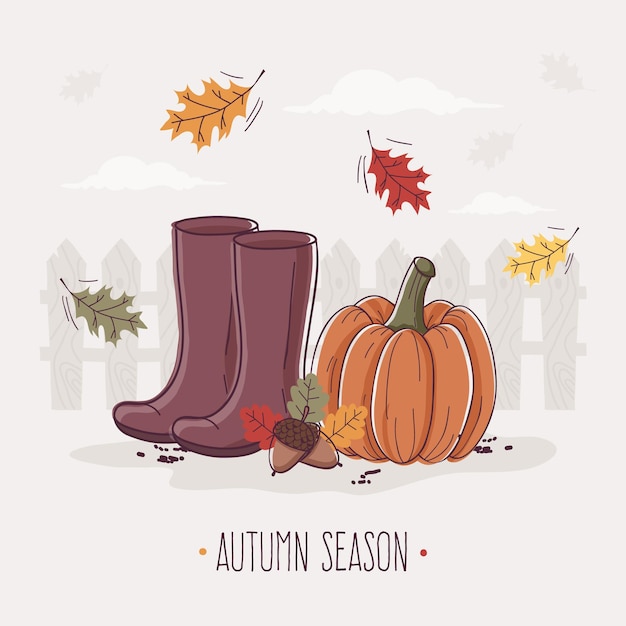 Giardino autunnale con stivali e foglie di gomma di zucca