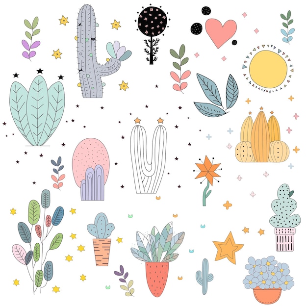 giardino e cactus set di modelli colorati di vettori illust doddle