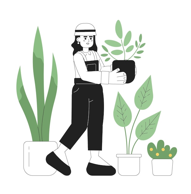 Giardino interno 2D vettoriale monocromatico illustrazione di punti isolati Giardiniere piatto disegnato a mano carina donna bionda che tiene un vaso di fiori su sfondo bianco Hobby di giardinaggio scena di cartoni animati modificabile