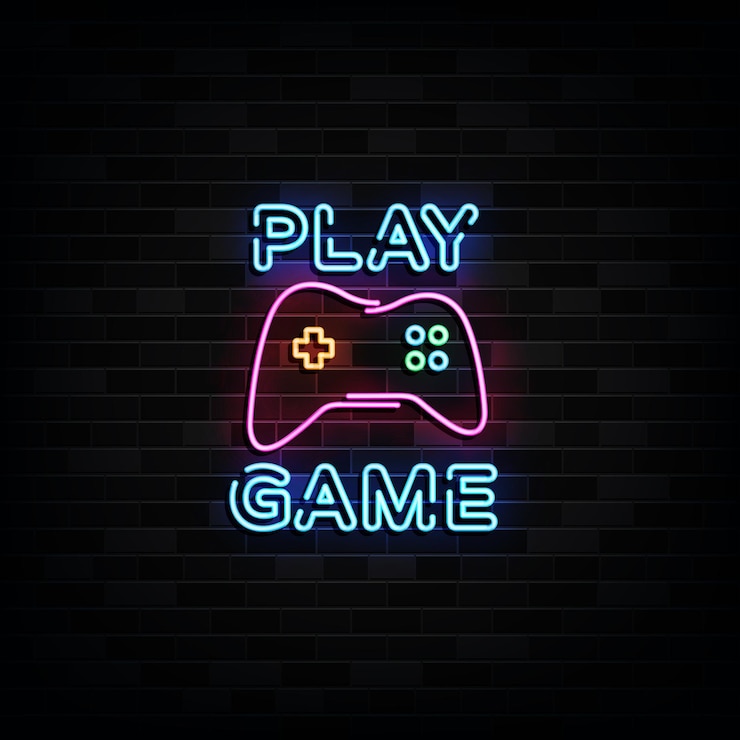 Vettore gioca alle insegne al neon del gioco. insegna al neon del modello di progettazione