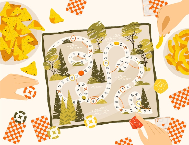 Vettore giocare a un gioco da tavolo vista superiore personaggi di cartoni animati che giocano a giochi da tavolo di strategia sul tavolo amici famiglia che trascorrono del tempo insieme illustrazione vettoriale