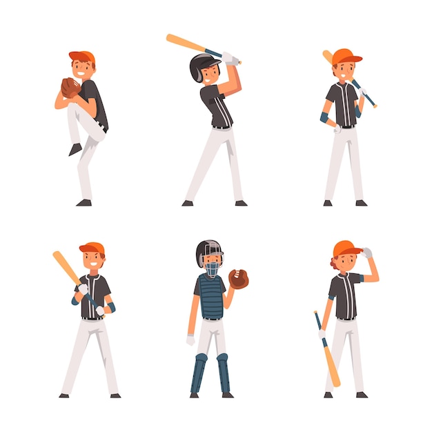 Giocatore di baseball adolescente che gioca a batandball Set vettoriale di giochi