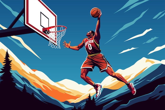 Giocatore di basket che salta con la palla Sport e basket Illustrazione vettoriale