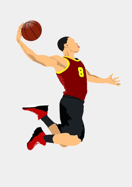 Giocatore di basket professionista che segna durante una partita competitiva mostrando atletismo e abilità