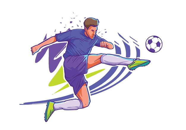Giocatore di calcio che spara palla figura d'azione illustrazione colorata