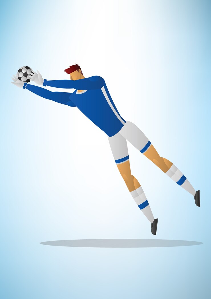 giocatore di calcio portiere azione uniforme blu salvare un obiettivo.