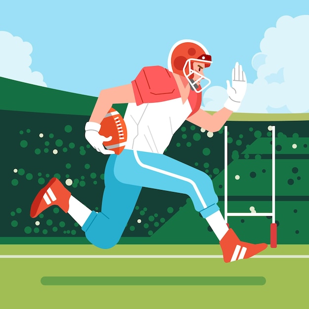 Giocatore di football americano che corre lungo il campo con la palla
