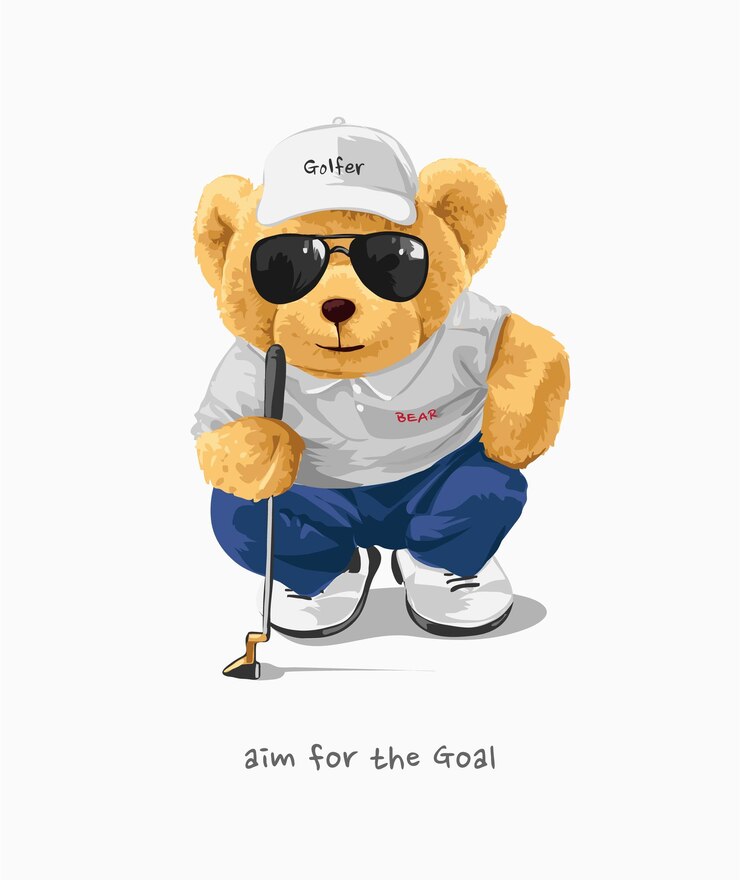giocatore di golf della bambola dell'orso carino che mira all'illustrazione del colpo