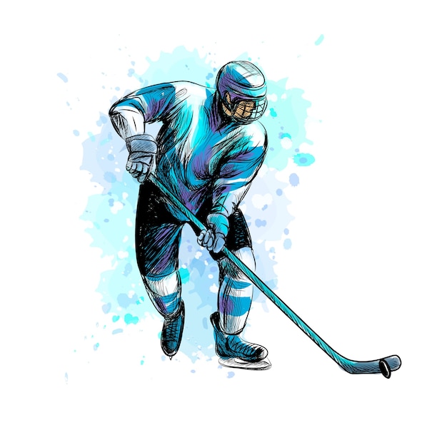 Giocatore di hockey astratto da schizzi di acquerelli. Schizzo disegnato a mano. Sport invernali. illustrazione di vernici