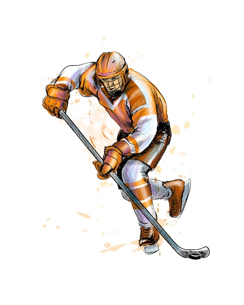 Giocatore di hockey astratto da schizzi di acquerelli. Schizzo disegnato a mano. Sport invernali. illustrazione di vernici