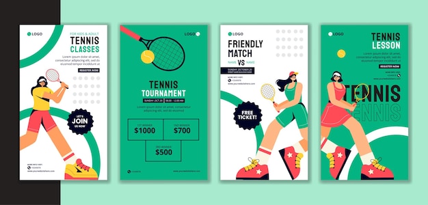 Giocatore di tennis Sport Storie sui social media Cartoni animati piatti Templati disegnati a mano Illustrazione di sfondo