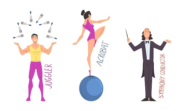 Giocatore maschile e acrobata femminile che si bilanciano sulla palla con un set vettoriale di professione creativa
