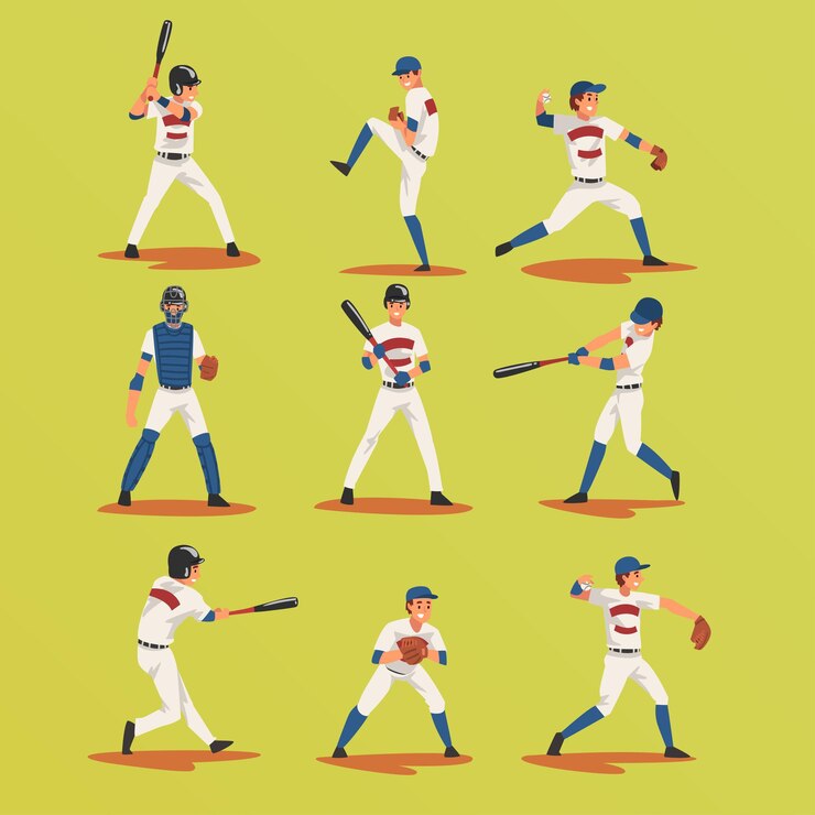 Vettore giocatori di baseball in diverse pose impostano i personaggi degli atleti maschili di softball in un'illustrazione vettoriale uniforme su sfondo giallo verde