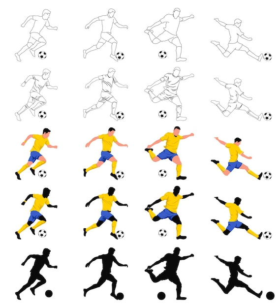 Giocatori di calcio di calcio in azione illustrazione vettoriale schizzo e set di disegni a tratteggio