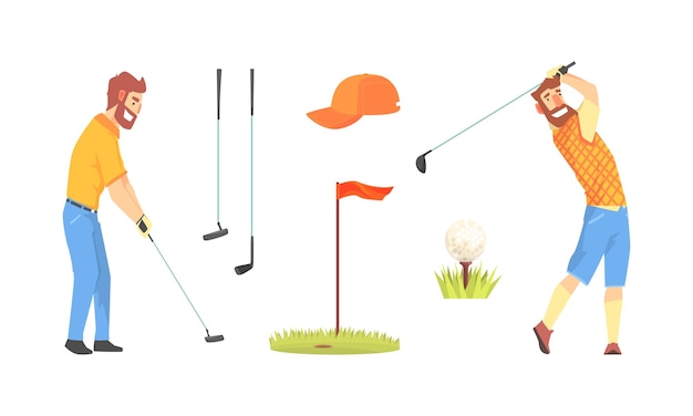 Giocatori di golf maschi e attrezzature sportive Set di abbigliamento Accessori e attrezzi Attività sportiva Concetto Illustrazione vettoriale di cartoni animati