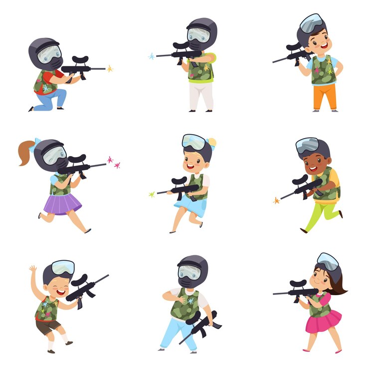 Vettore giocatori di paintball ragazzi e ragazze insieme bambini piccoli che indossano maschere e gilet giocando a paintball mirando con pistole vettoriale illustrazione isolato su sfondo bianco