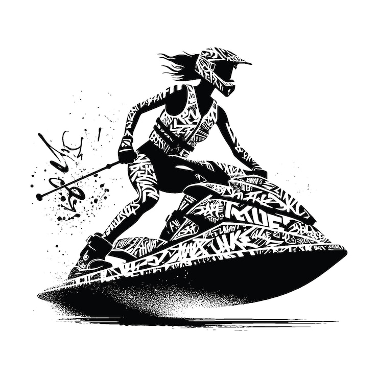 Vettore giocatrice di jet ski in graffiti tags street art pattern illustration emblema scudo badge