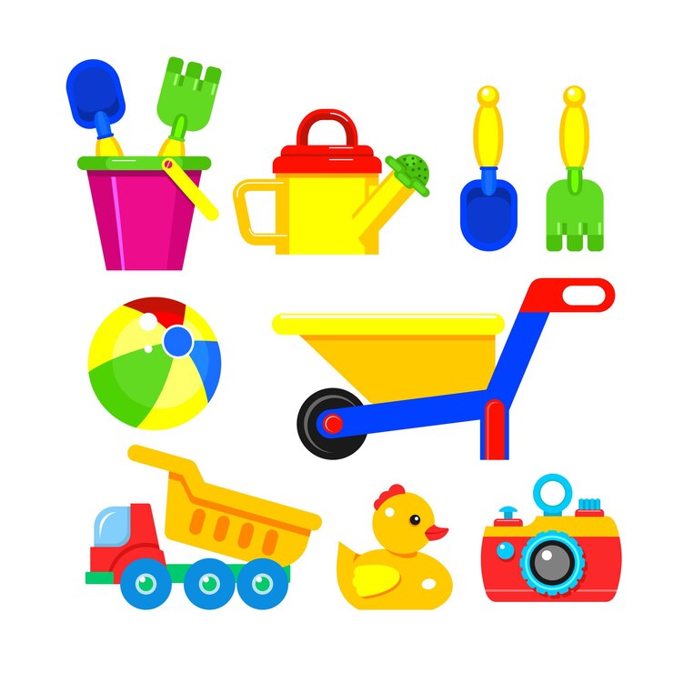 Giocattoli di plastica per bambini per giocare con la sabbia sulla spiaggia.